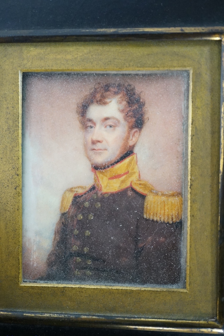 A First World War medal trio awarded to Lieut. W. Cleveland-Stevens. R.N.V.R., together with a miniature on ivory of a 19th century Captain with description to reverse, a signed military coloured engraving, a paper knife